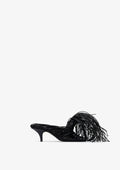 Fringe 60 sandal by Boutashkova, a single black high-heeled mule sandal with an intricate fringed strap design, shown from a side profile against a solid white background.
